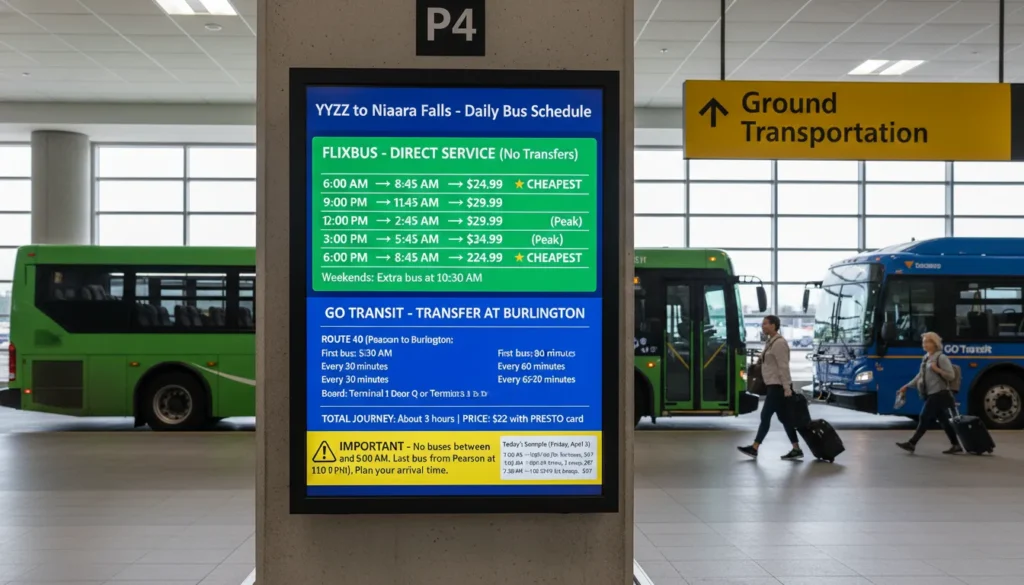 Complete bus schedule from Pearson Airport to Niagara Falls showing 5 FlixBus direct times from 6 AM to 6 PM with prices $25 to $35 and GO Transit every 30 minutes from 5:30 AM to 11 PM. Last bus 11 PM. No buses after midnight. Fastest bus 1 hour 40 minutes.