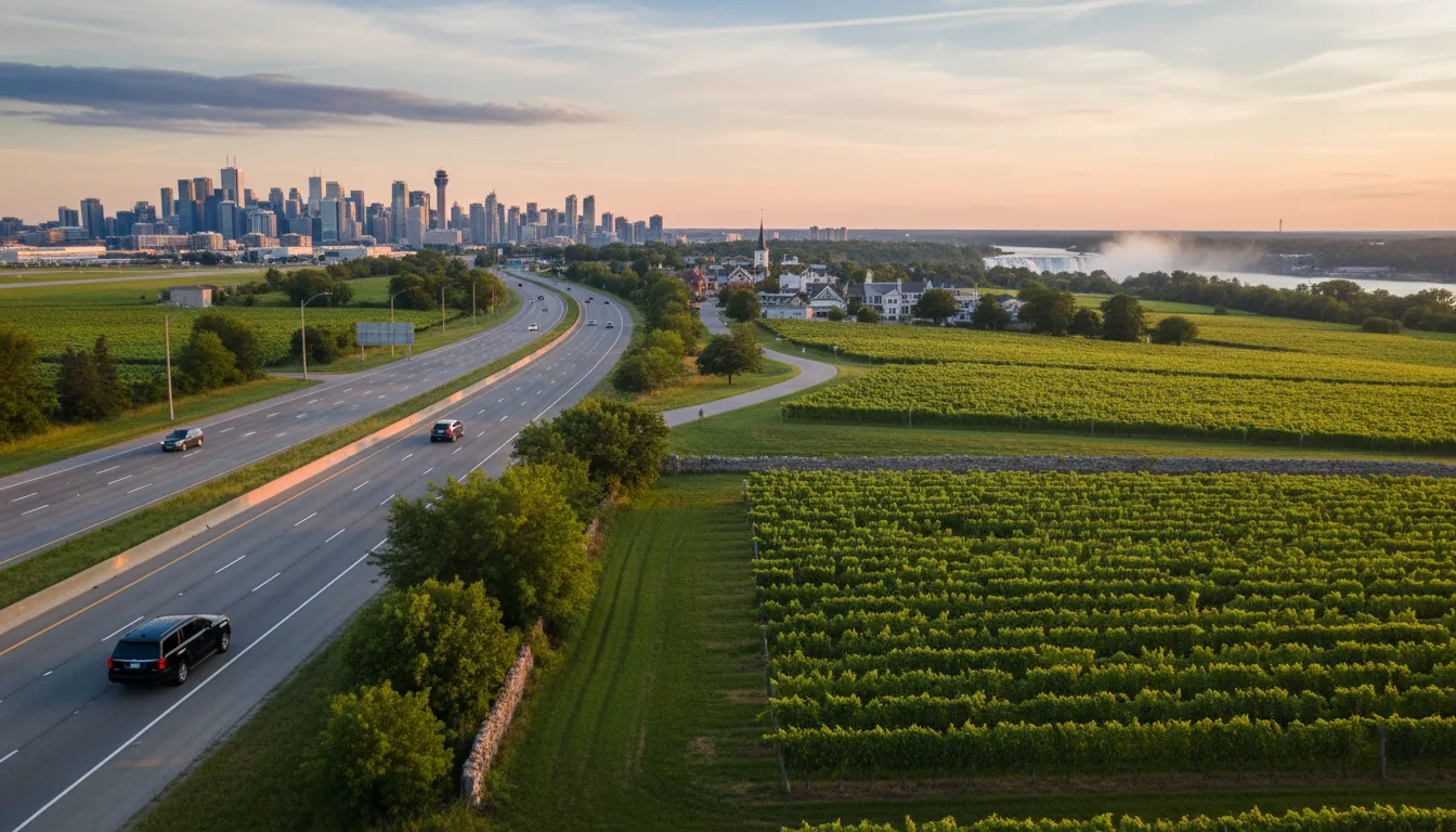 Map showing driving route from Toronto Pearson International Airport to Niagara-on-the-Lake, passing via QEW and Niagara region wineries.