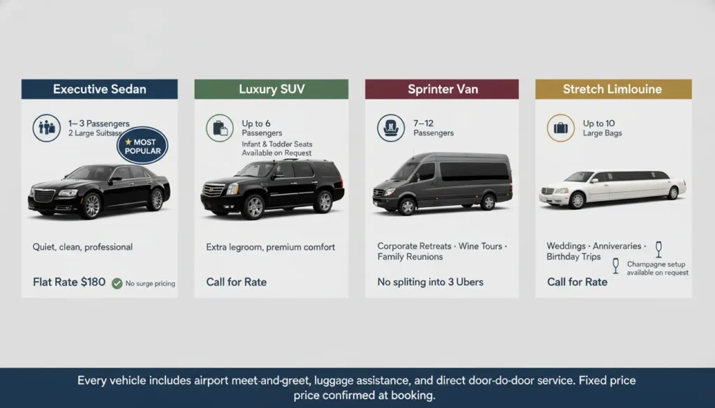 Four vehicles shown side by side: black executive sedan for 1–3 passengers with 2 bags, luxury SUV for up to 6 passengers with 4–5 bags, Sprinter van for 7–12 passengers, and stretch limousine for up to 10 passengers with champagne setup.