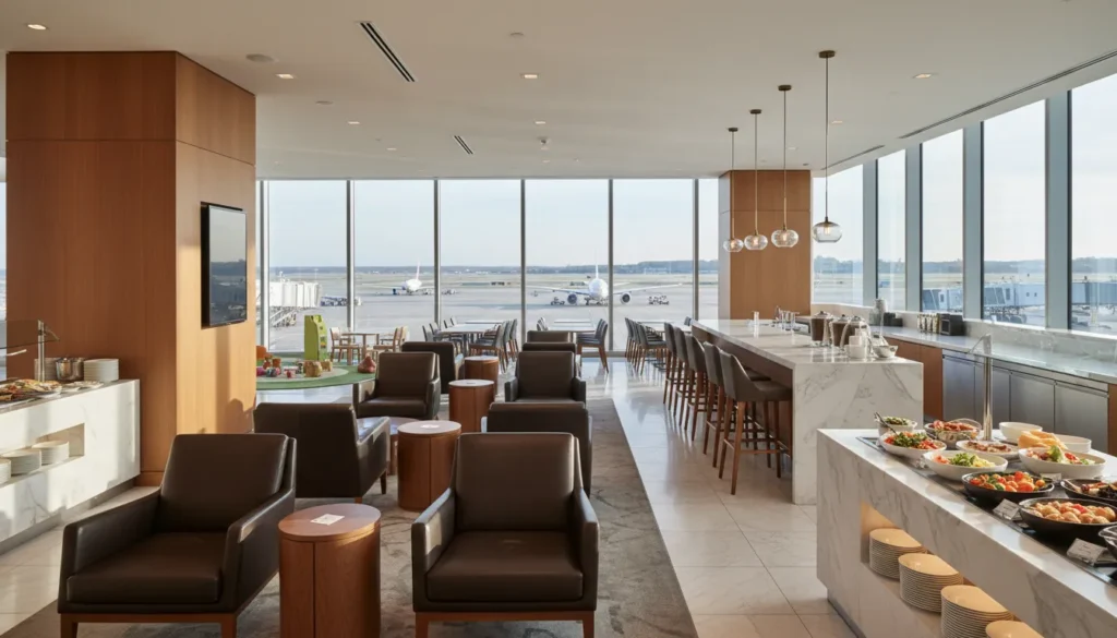 Real photo of Plaza Premium Lounge at Toronto Pearson Terminal 3 International Departures showing modern seating with leather armchairs, marble bar tables, live cooking station buffet, large runway-view windows, and family-friendly children's play area near Gate C32