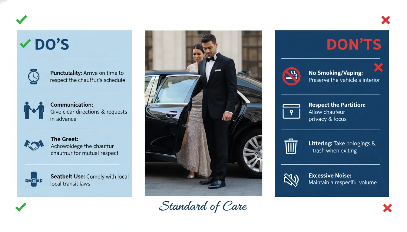 A professional etiquette infographic for limousine passengers, showing a chauffeur assisting a guest, paired with clear visual icons for proper behavioral guidelines and passenger safety.