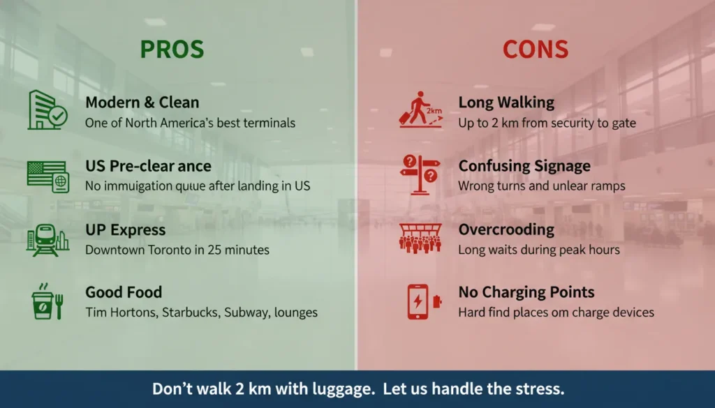Real traveler feedback showing pros and cons of Terminal 1. Pros include modern clean terminal, US pre-clearance, UP Express train, and Tim Hortons. Cons include long walking distances up to 2 km, confusing signs, overcrowded queues, and lack of charging points. Split screen comparison with green checkmarks for pros and red warning icons for cons.