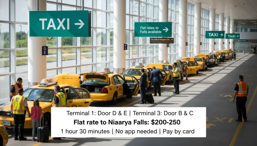 Real photo showing the official taxi line at Toronto Pearson Airport Terminal 1. Green taxi signs on wall. Door D and E visible. Several yellow taxis waiting in a row. Airport staff in orange vest helping passengers. Travelers with luggage getting into taxis. Flat rate to Niagara Falls $200-250. No app needed.