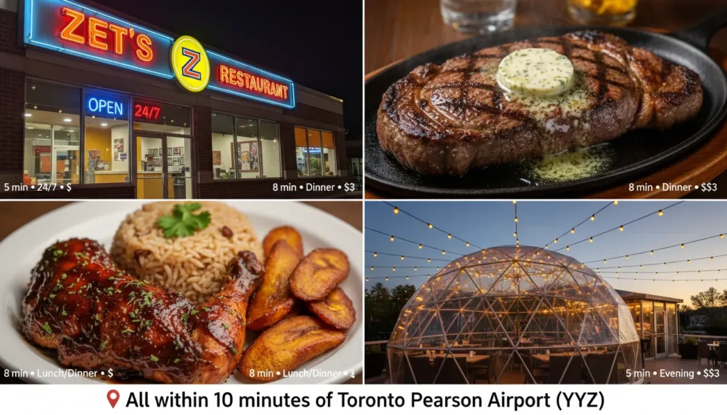Collage showing four restaurant options near Toronto Pearson Airport: ZET'S 24/7 diner with burgers and souvlaki, Zorro's Steakhouse with grilled steak, Real Authentic Jamaican with jerk chicken, and La Ciel Asian-fusion restaurant with dome patio. All located within 5-8 minutes from airport.