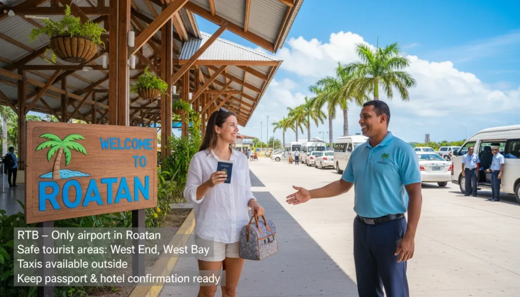 Traveler arriving at Juan Manuel Gálvez International Airport RTB in Roatan with passport in hand, surrounded by palm trees and taxis waiting outside. Text overlay shows safety tips and booking reminders.