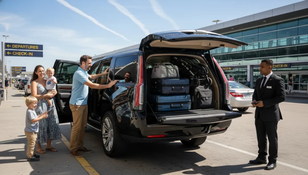 Family of four standing next to a black luxury SUV at airport with three large suitcases two carry on bags and a stroller ready for airport transfer