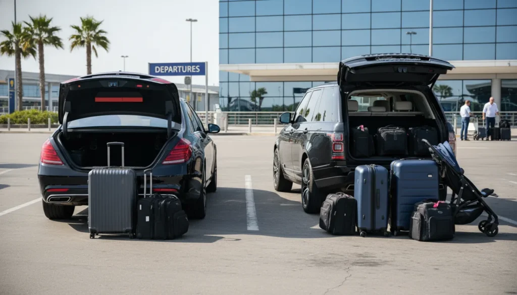 Side by side comparison of a black sedan and a black luxury SUV at an airport driveway. The sedan has 2 large suitcases and 2 carry on bags next to its open trunk. The SUV has 6 large suitcases, 4 carry on bags, and a stroller next to its open trunk. The image shows exact luggage capacity difference for airport transfer.