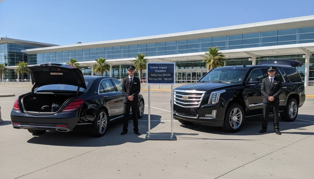 SUV costs 15 to 30 CAD more than sedan for Toronto airport transfer. Luxury SUV parked next to standard sedan at airport with price comparison visual.