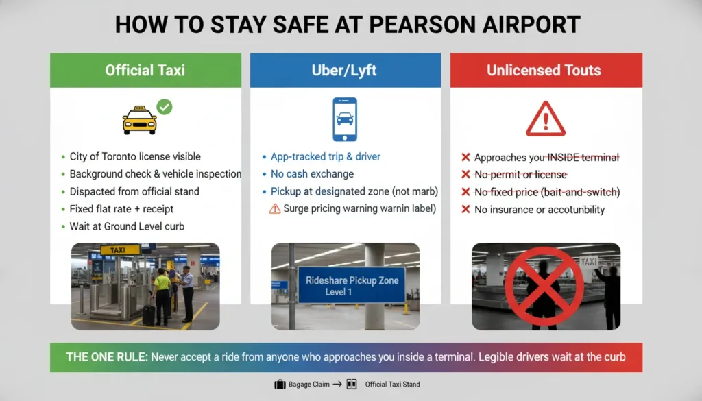 Split-screen safety guide showing licensed Toronto airport taxi with permit and dispatcher, Uber pickup zone sign, and red warning symbol over unlicensed tout approaching traveler inside terminal.