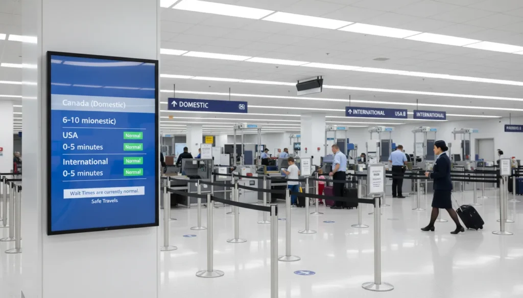 Digital screen showing security wait times at Terminal 1 Pearson Airport – Canada domestic 6-10 minutes, USA 0-5 minutes, International 0-5 minutes