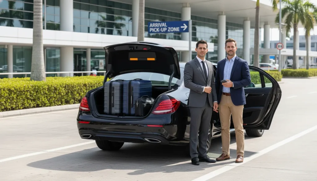 Business traveler standing next to a black luxury sedan at airport pickup area with two large suitcases and one laptop bag placed near open trunk