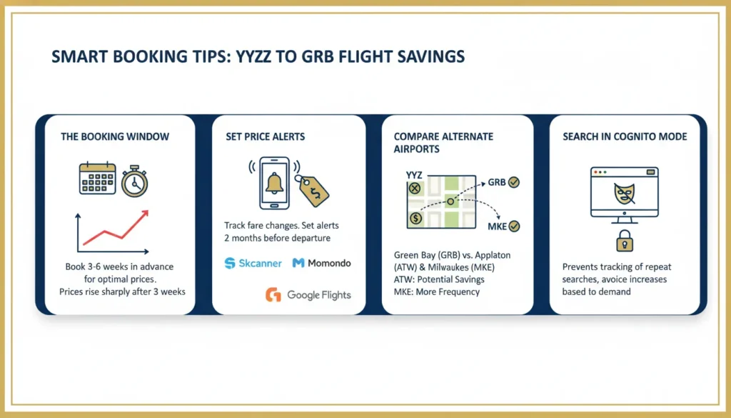 A practical visual checklist and infographic summary detailing four proven strategies to find the cheapest flight tickets from Toronto Pearson (YYZ) to Green Bay (GRB), including timing, alert setup, and alternative airports.