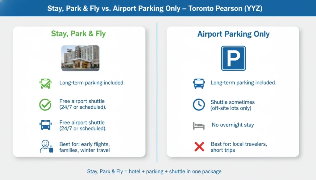 Comparison table showing Stay Park and Fly package including hotel stay, long-term parking, and free shuttle versus Airport Parking Only with no hotel stay but long-term parking and sometimes shuttle service near Toronto Pearson Airport YYZ