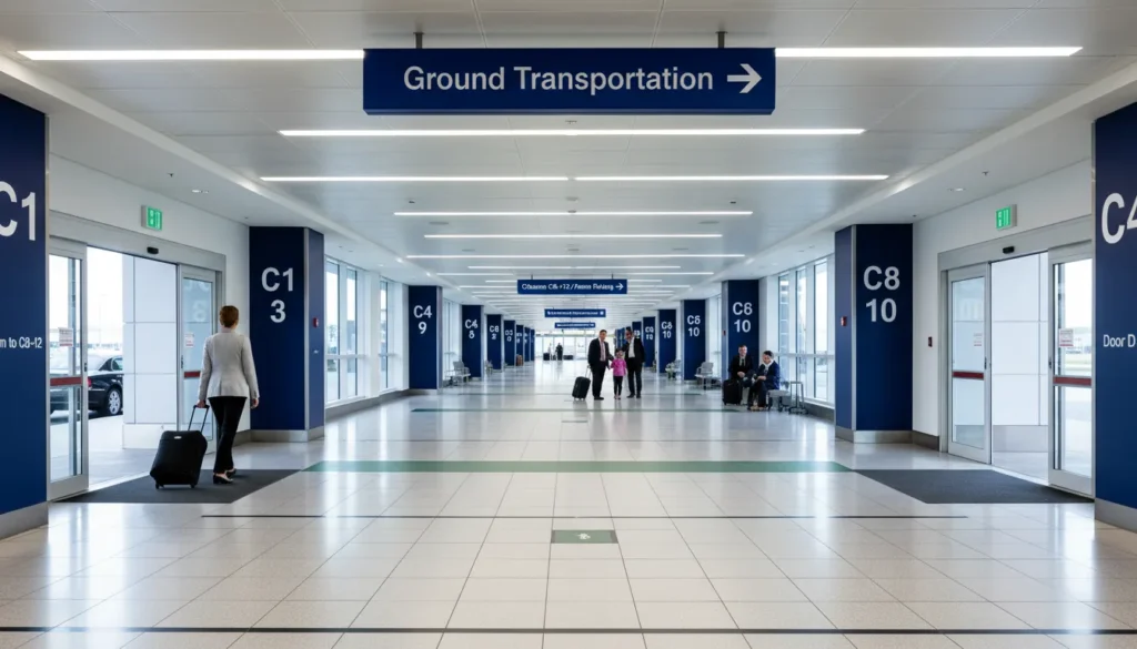 Airport wayfinding diagram showing four steps from baggage claim exit to Columns C8-C12 at Pearson Terminal 3 arrivals level with Ground Transportation sign, covered walkway, and column numbers C1 through C12 marked clearly