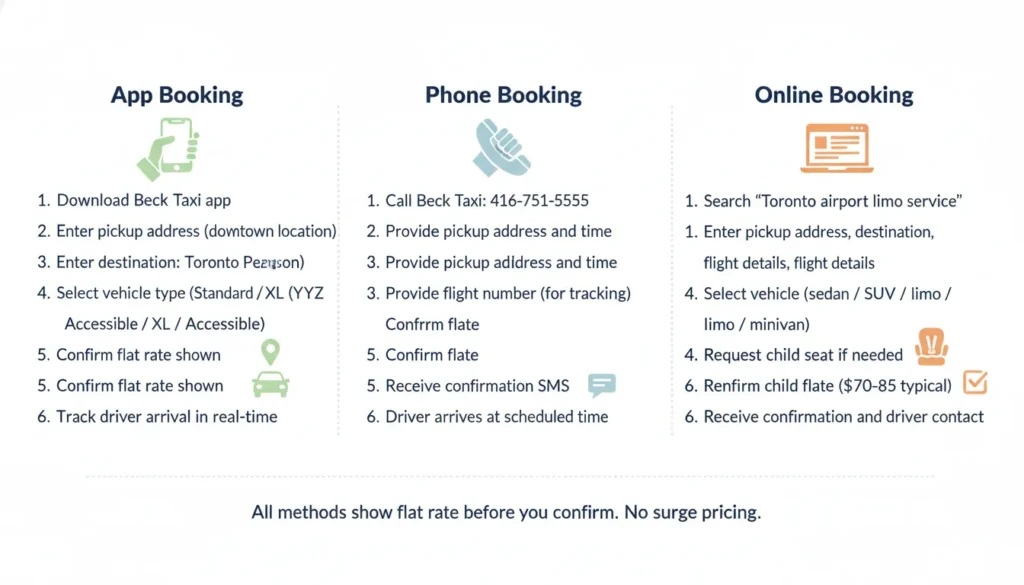 A clear instructional infographic showing three ways to book a ride: a smartphone displaying the Beck Taxi app with numbered steps, a hand holding a phone with “Call 416-751-5555” and a flight number field, and a laptop screen showing an online booking form with vehicle selection and child seat option. The steps are labeled 1–6 for each method.