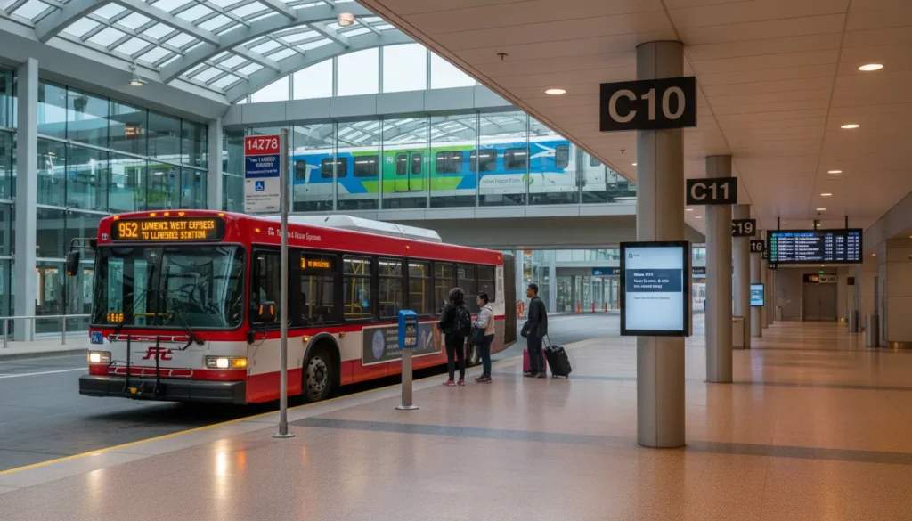TTC bus stop number 14278 for Route 952 Lawrence West Express at Pearson Airport Terminal 3 arrivals level Columns C8-C12. UP Express train to Union Station visible in background. Covered walkway with column signs C8, C9, C10, C11, C12. Modern bus and train transit options for travelers.