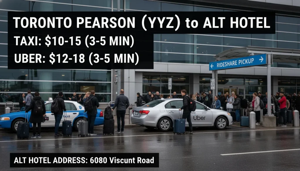 Real photo showing taxi line at Pearson Airport Terminal 1 ground level arrivals area. A family with luggage waits for a taxi. A blue taxi and a silver Uber car are visible. Text overlay reads: Taxi $10-$15, Uber $12-$18, travel time 3-5 minutes to Alt Hotel at 6080 Viscount Road.