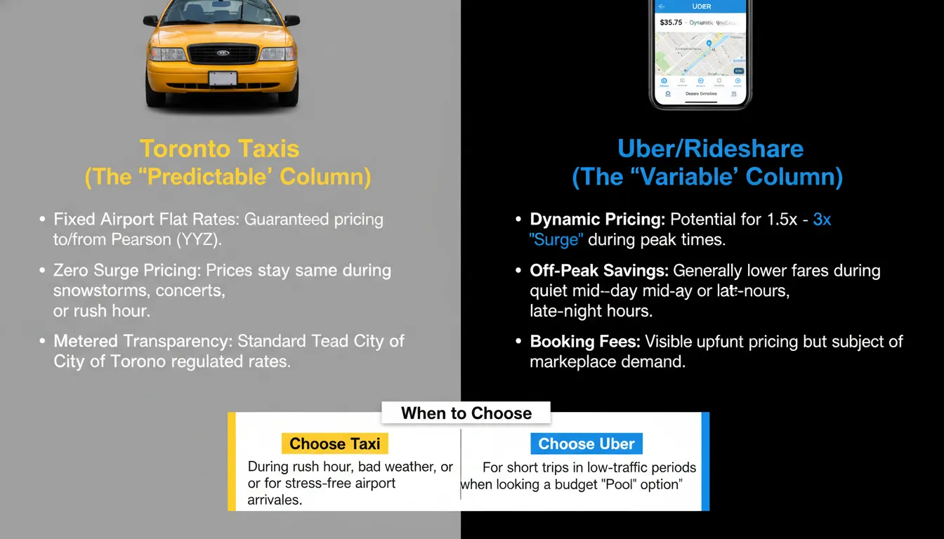 A cost comparison infographic between a traditional Toronto taxi and an Uber, showing a side-by-side breakdown of base fares, surge pricing factors, and airport flat rates in Toronto.