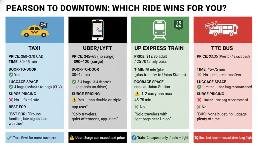 Side-by-side comparison chart of four options from Pearson Airport to downtown Toronto: Taxi flat rate $60-70 door-to-door, Uber $45-120 with surge warning, UP Express train $12.35 with luggage limits, TTC bus under $4 requiring transfers and exact change.