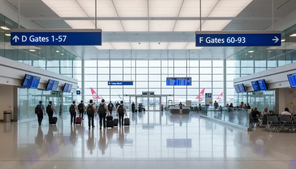 Toronto Pearson Terminal 1 gate area showing D gates for domestic flights, E gates for international arrivals, and F gates for US and international departures with clear signage and passengers walking