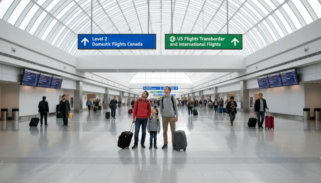 Terminal 1 at Toronto Pearson Airport showing Level 2 for domestic flights Canada and Level 3 for US flights Transborder and international flights with clear direction signs