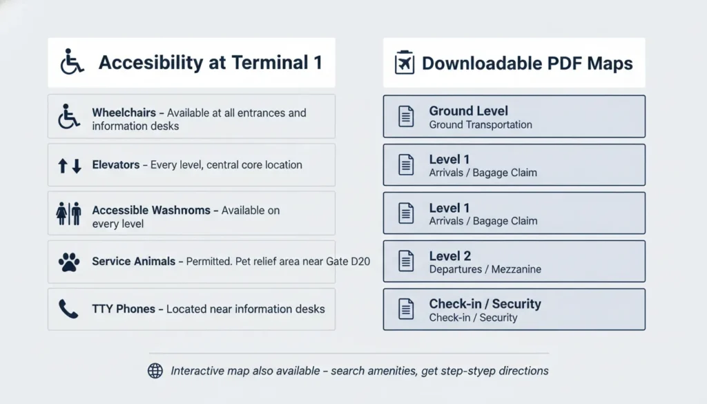 Terminal 1 Pearson Airport accessibility icons showing wheelchair access, elevators, accessible washrooms, service animal relief area near Gate D20, TTY phones at info desk, and four downloadable PDF map buttons for Ground Level, Level 1 Arrivals, Level 2 Departures, Level 3 Check-in
