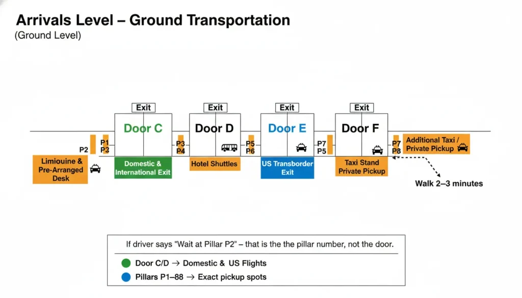 Diagram showing Terminal 1 Pearson Airport arrival exit doors Door C, Door D, Door E, Door F and pillar numbers P1 to P8 with pickup services limousine, taxi, Uber, hotel shuttle locations.