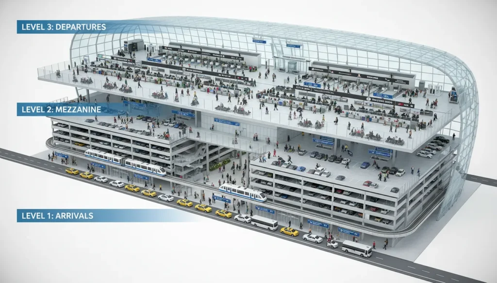 Terminal 1 three levels solution guide showing Level 3 departures Level 2 mezzanine and Level 1 arrivals at Toronto Pearson Airport