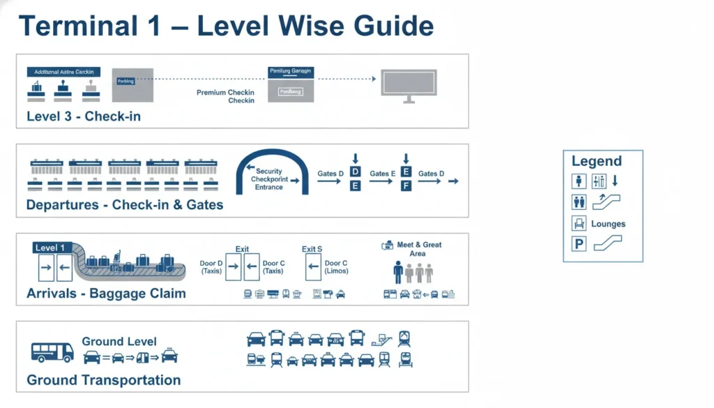 Toronto Pearson Terminal 1 maps showing Ground Level transportation, Level 1 arrivals, Level 2 departures, and Level 3 check-in with gate locations and amenities
