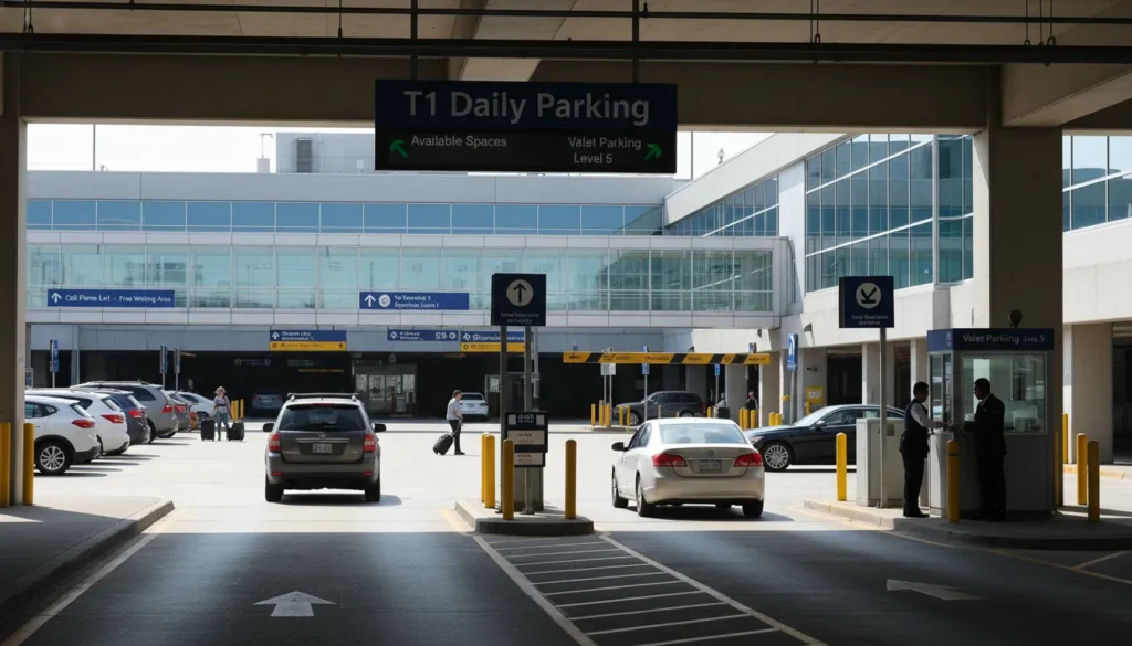 Parking at Terminal 1 Toronto Pearson – daily parking garage entrance with digital sign showing available spaces and valet parking on Level 5