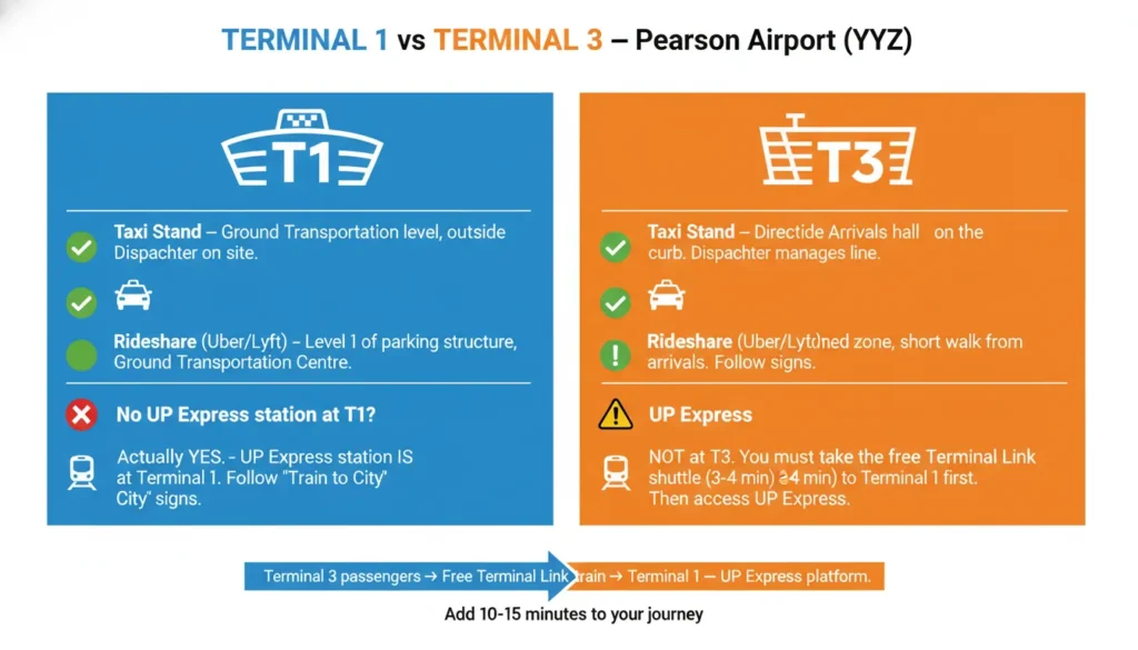 Side-by-side comparison of Terminal 1 and Terminal 3 at Toronto Pearson Airport showing taxi stand locations, rideshare pickup zones, and Terminal 3 to Terminal 1 transfer for UP Express train.