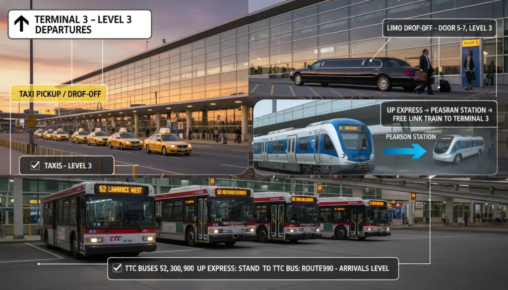 Terminal 3 at Toronto Pearson Airport showing transportation options: VIP limo dropping passenger at Door 5-7 Level 3, taxi stand, UP Express train connecting to LINK Train, and TTC bus routes 52 300 900 stopping at Terminal 3 arrivals level.