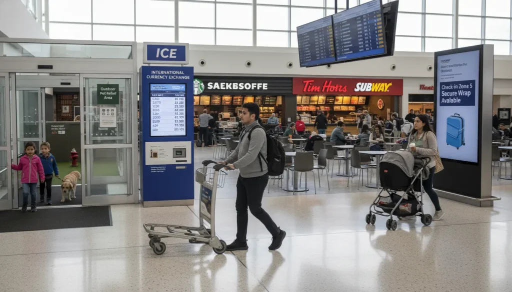 Travelers relaxing and eating at Terminal 3 food court and lounge area near WestJet gates B and C at Toronto Pearson Airport