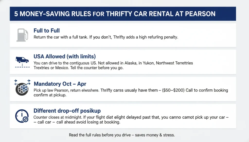 Infographic showing five key Thrifty rental rules at Toronto Pearson: Full to Full fuel policy, USA cross border allowed except Alaska/Yukon/NWT/Mexico, winter tires mandatory Ontario Oct to Apr, one way rental possible with extra fee, and late night pickup warning if counter is closed.