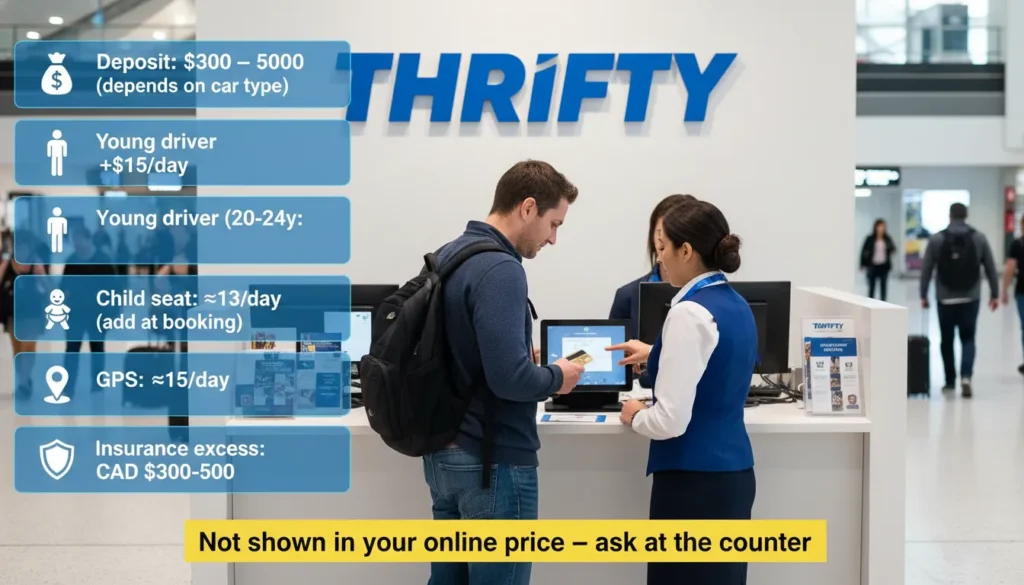 Infographic showing five hidden fees at Thrifty car rental counter – deposit $300 to $5000, young driver fee $15 per day for ages 20 to 24, child seat $13 per day, GPS $15 per day, and insurance excess CAD $300 to $500.