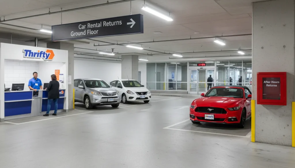 A traveler walking from the Thrifty rental counter on Level 1 of Toronto Pearson Airport parking garage toward a row of parked Thrifty rental cars including SUVs and sedans, with clear signs for "Car Rental Returns" and "Ground Floor Drop-off Stalls" visible in the background.