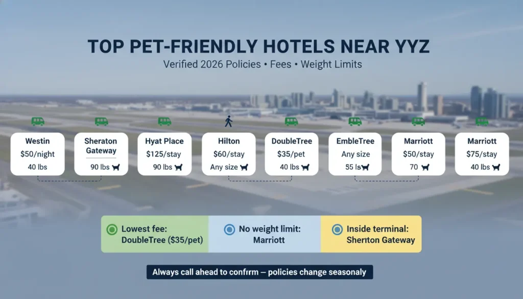 A visual guide showing the top pet-friendly hotels near Toronto Pearson Airport including The Westin, Sheraton Gateway, Hyatt Place, Hilton, DoubleTree, Embassy Suites, and Marriott with verified 2026 pet fees weight limits and free shuttle icons.