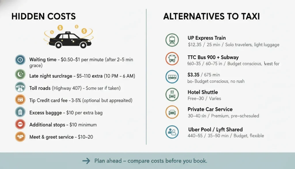 Infographic showing common taxi extra charges like waiting time, late-night surcharge, tolls, and credit card fees, alongside alternative transportation options from downtown Toronto to Pearson Airport including UP Express train, TTC bus, hotel shuttle, private car service, and Uber Pool.