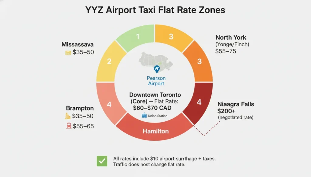 Official flat rate taxi zones from Toronto Pearson Airport showing downtown core fare at $60 to $70 CAD, Mississauga at $35 to $50, Brampton at $55 to $65, North York at $55 to $75, Hamilton at $120 to $150, and Niagara Falls over $200.