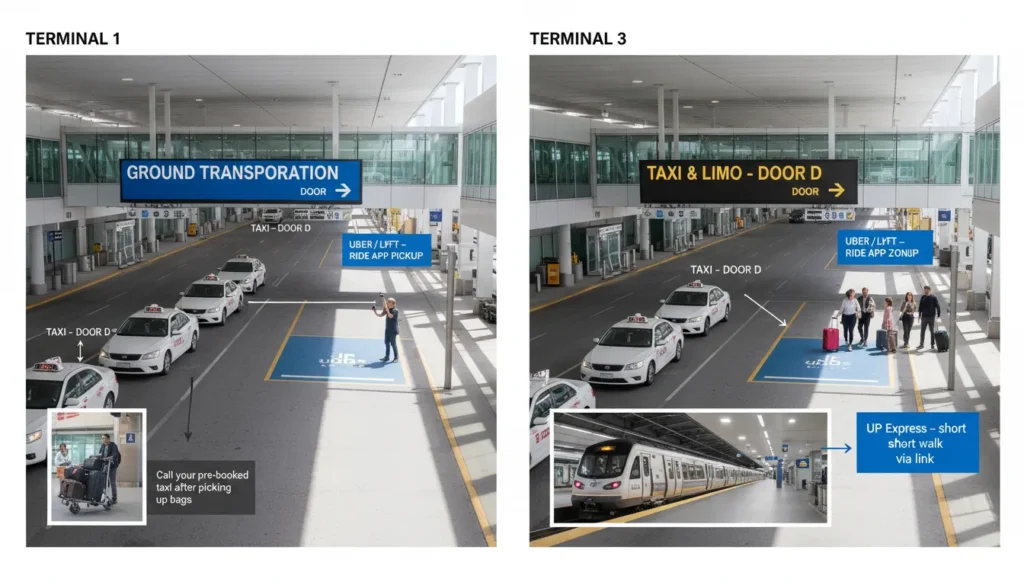 A clear signage photo showing “Ground Transportation” and “Door D” at Toronto Pearson Airport, with a taxi waiting at the arrivals curb, a smartphone displaying the Uber app, and a UP Express train in the background, illustrating pickup instructions for Terminal 1 and Terminal 3.