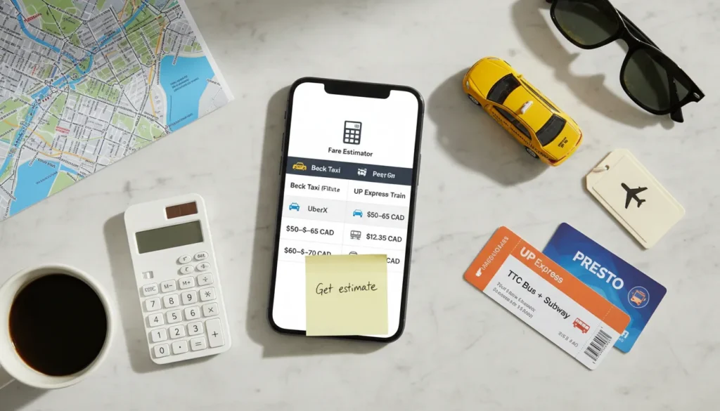 A flat‑lay photograph on a white marble surface showing a smartphone displaying a fare comparison chart with Beck Taxi $60–70, UberX $50–65, UP Express $12.35, and TTC $3.35. Beside the phone are a calculator, a Toronto city map, a toy taxi, and a train ticket, all arranged neatly.