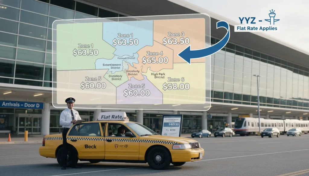 A detailed map of downtown Toronto showing six colour‑coded flat rate zones for taxis traveling to Pearson Airport, with a Beck taxi in the foreground and the airport terminal in the background.