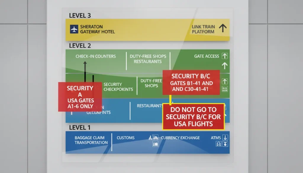 Diagram showing Terminal 3 Level 1 arrivals, Level 2 departures, Level 3 LINK train and hotel, plus Security A for USA gates and Security B/C for domestic international gates