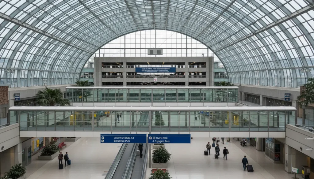Interior view of Terminal 3 at Toronto Pearson International Airport showing the modern terminal architecture where the daily parking garage with 3,800 spaces connects via covered walkway to departures and arrivals levels