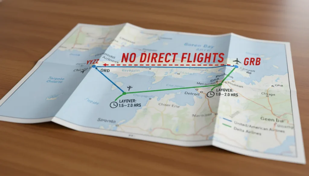 A flight route map illustrating the journey from Toronto Pearson (YYZ) to Green Bay (GRB), highlighting common connecting airports like Chicago O'Hare (ORD) and Detroit (DTW).