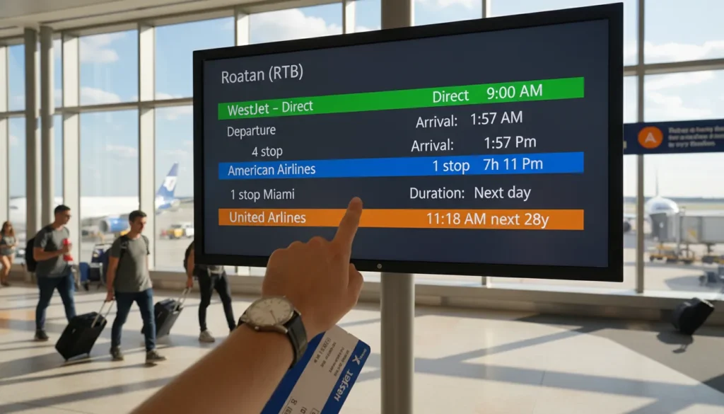 A real photo showing three different clock displays side by side. First clock shows 4 hours 57 minutes for WestJet direct flight. Second clock shows 7 hours 11 minutes for American Airlines with one stop in Miami. Third clock shows 17 hours 28 minutes for United Airlines with one stop in Houston. Background shows a departure board at Pearson Airport with flight information.