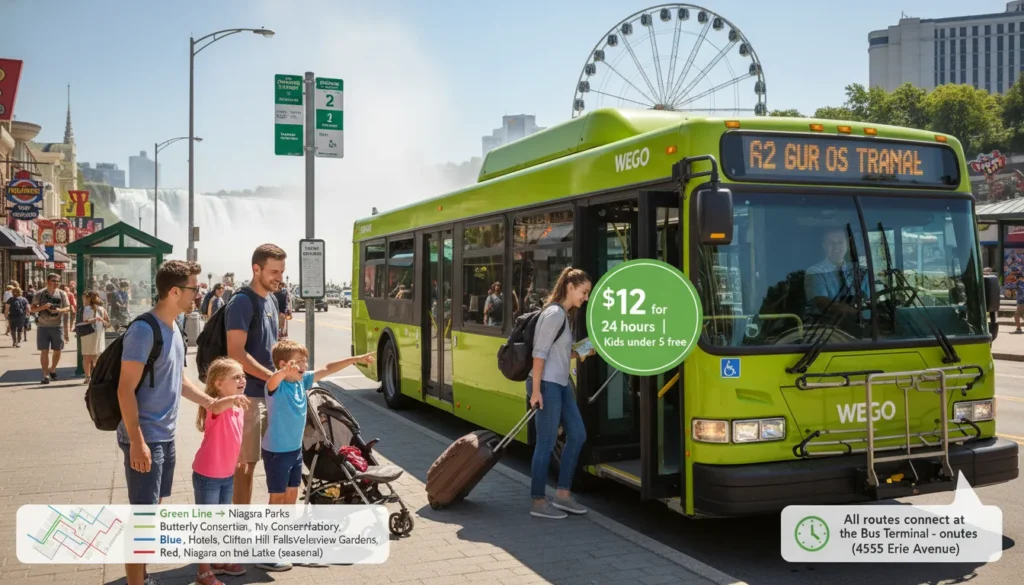 Happy tourists getting on and off a bright green WEGO bus on Clifton Hill street in Niagara Falls with the Horseshoe Falls mist visible in the background. Families with kids, couples, and seniors using the local tourist bus. WEGO bus stop sign shows routes Green Line Blue Line and Red Line. Pass costs $12 for 24 hours. Buses run every 15 to 20 minutes.