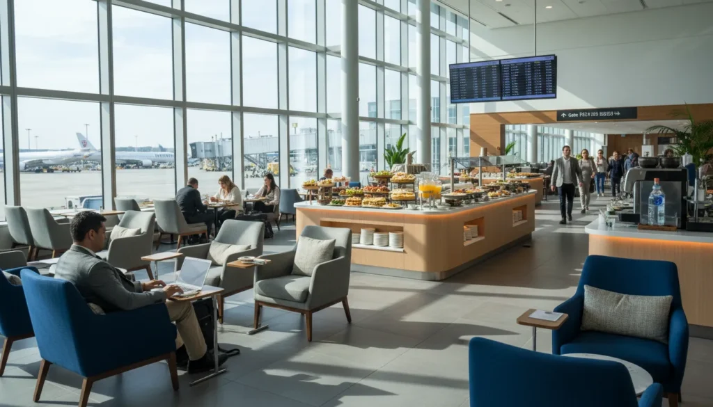 Travelers relaxing in Plaza Premium Lounge at Terminal 1 Pearson Airport with comfortable seats, buffet counter, and large windows showing tarmac view