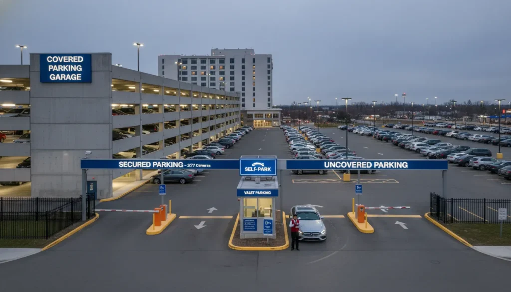 Real photo showing different types of parking at a Toronto Pearson Airport hotel: covered garage parking, uncovered outdoor lot, valet parking area, and self-park section with security cameras and gated entry.