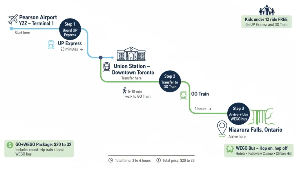 Map showing train route from Toronto Pearson Airport to Niagara Falls. Take UP Express from Terminal 1 to Union Station in 28 minutes. Then transfer to GO Train from Union Station to Niagara Falls in 2 hours. Total travel time 3 to 4 hours. Price starts at $20 with WEGO package. Kids under 12 ride free.